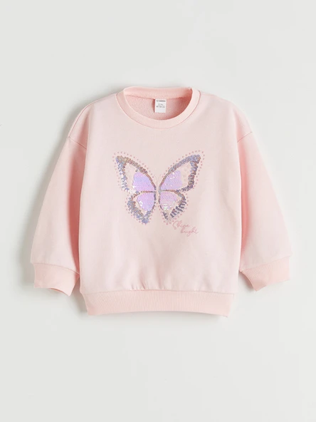 LCW Kids Pembe Bisiklet Yaka Pul İşlemeli Kız Çocuk Sweatshirt ürün görseli 1