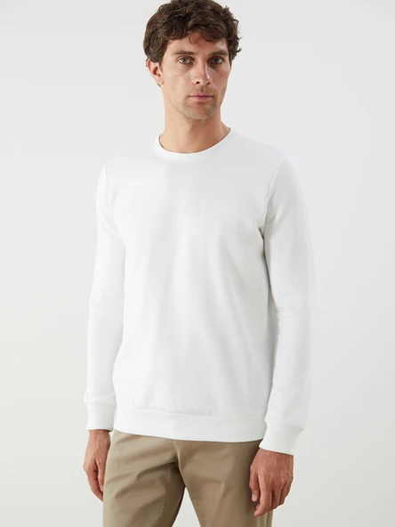 LCWAIKIKI Classic Beyaz Bisiklet Yaka Baskılı Erkek Kalın Sweatshirt ürün görseli 1