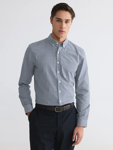 LCWAIKIKI Classic İndigo Regular Fit Ekose Erkek Gömlek ürün görseli 1