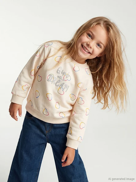 LCW Kids Ekru Bisiklet Yaka Baskılı Kız Çocuk Sweatshirt ürün görseli 1