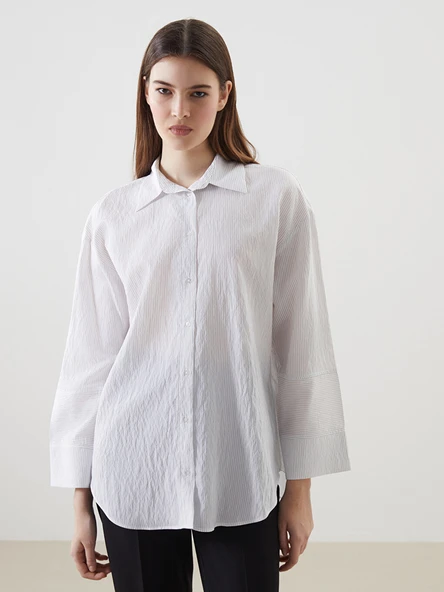 LCW Modest Ekru Çizgili Oversize Kadın Gömlek Tunik ürün görseli 1