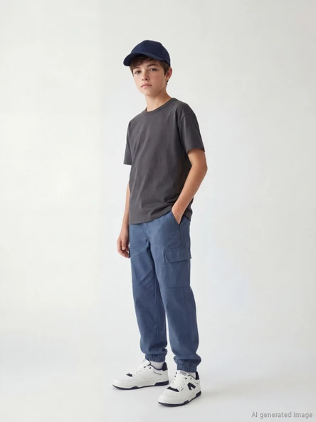 LCW Kids İndigo Beli Lastikli Erkek Çocuk Kargo Pantolon ürün görseli 1