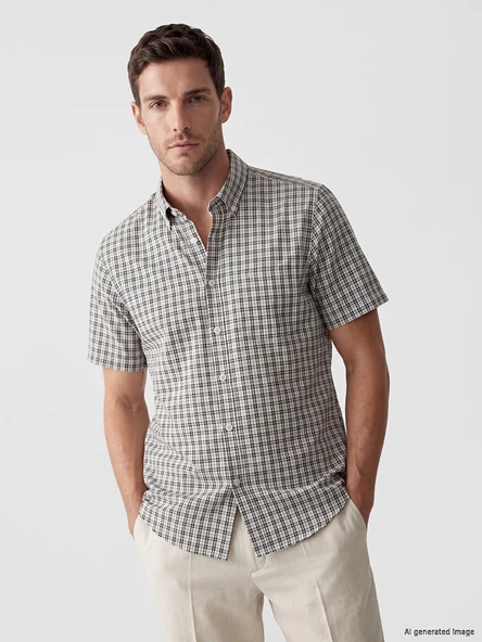 LCWAIKIKI Classic Bej Regular Fit Ekose Erkek Gömlek ürün görseli 1