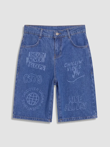 LCW Kids İndigo Baskılı Erkek Çocuk Jean Bermuda Şort ürün görseli 1