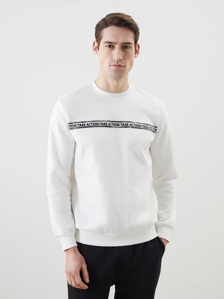 LCWAIKIKI Classic Beyaz Bisiklet Yaka Baskılı Erkek Kalın Sweatshirt ürün görseli 1
