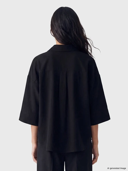 LCW Vision Siyah Oversize Poplin Kadın Gömlek - Resim 4