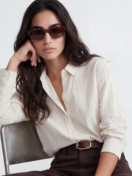 LCW Vision Bej Çizgili Oversize Kadın Gömlek ürün görseli 1