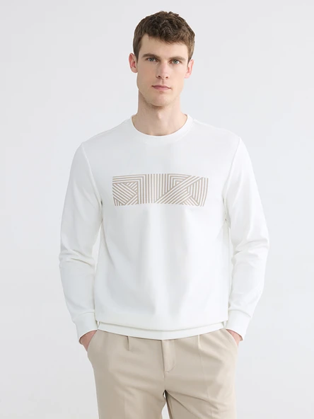 LCWAIKIKI Classic Beyaz Bisiklet Yaka Baskılı Erkek Sweatshirt ürün görseli 1