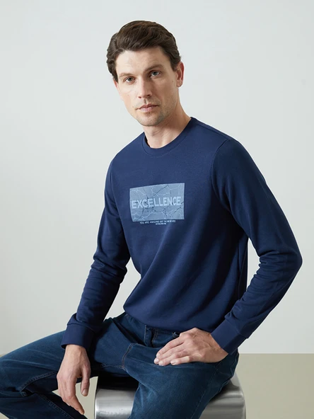 LCWAIKIKI Classic Lacivert Bisiklet Yaka Uzun Kollu Baskılı Erkek Sweatshirt ürün görseli 1