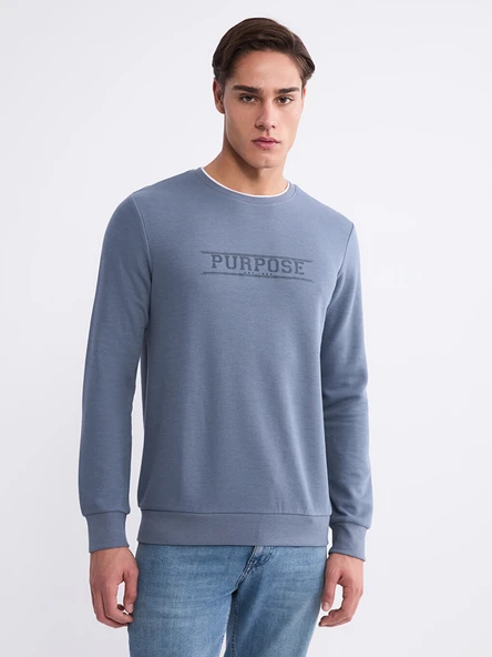 LCWAIKIKI Classic Mavi Bisiklet Yaka Baskılı Erkek Sweatshirt ürün görseli 1