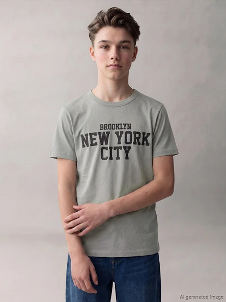 LCW Kids Gri Bisiklet Yaka New York Baskılı Erkek Çocuk Tişört ürün görseli 1