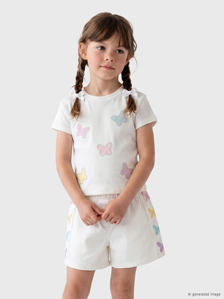 LCW Kids Beyaz Taşlı Kelebek Baskılı Kız Çocuk Tişört ürün görseli 1