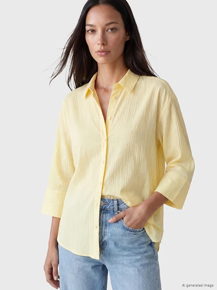 LCW EVERYDAY Sarı Çizgili Oversize Armürlü Kadın Gömlek ürün görseli 1