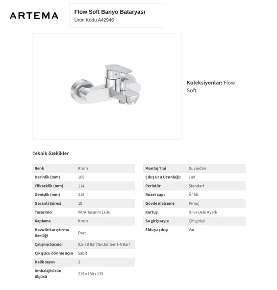 A42946 Artema Flow Soft Banyo Bataryası - Resim 4
