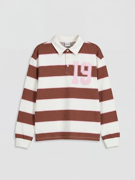 LCW Kids Kahverengi Polo Yaka Çizgili Kız Çocuk Tişört ürün görseli 1