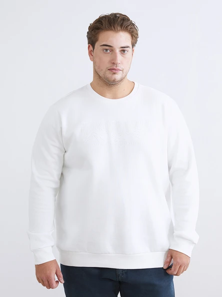 LCWAIKIKI Classic Beyaz Büyük Beden Bisiklet Yaka Baskılı Erkek Kalın Sweatshirt ürün görseli 1