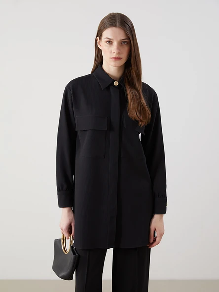 LCW Modest Siyah Dokulu Oversize Kadın Gömlek Tunik ürün görseli 1