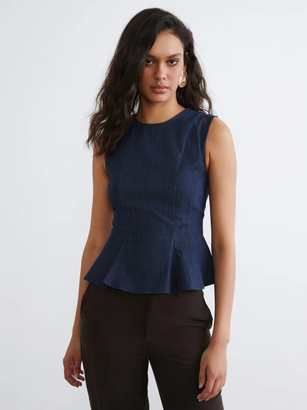 LCW Vision İndigo Bisiklet Yaka Peplum Jean Bluz ürün görseli 1