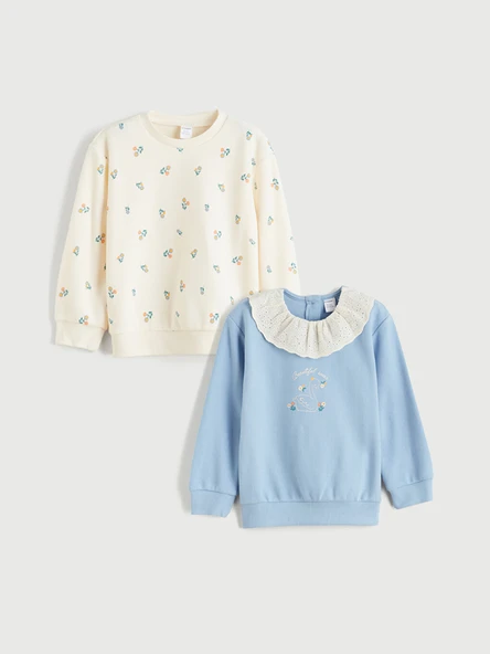 LCW Kids Mavi Bisiklet Yaka Çiçekli Kız Çocuk Sweatshirt 2'li ürün görseli 1