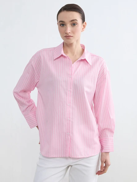 LCW Modest Pembe Çizgili Poplin Kadın Gömlek ürün görseli 1