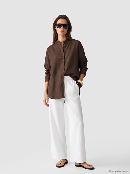 LCW Modest Ekru Beli Lastikli Geniş Paça Kadın Pantolon ürün görseli 1