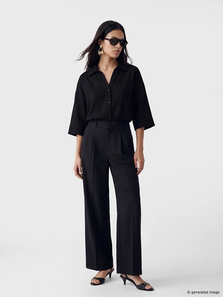 LCW Vision Siyah Oversize Poplin Kadın Gömlek - Resim 2