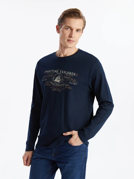 LCWAIKIKI Classic Lacivert Bisiklet Yaka Uzun Kollu Baskılı Erkek Sweatshirt ürün görseli 1