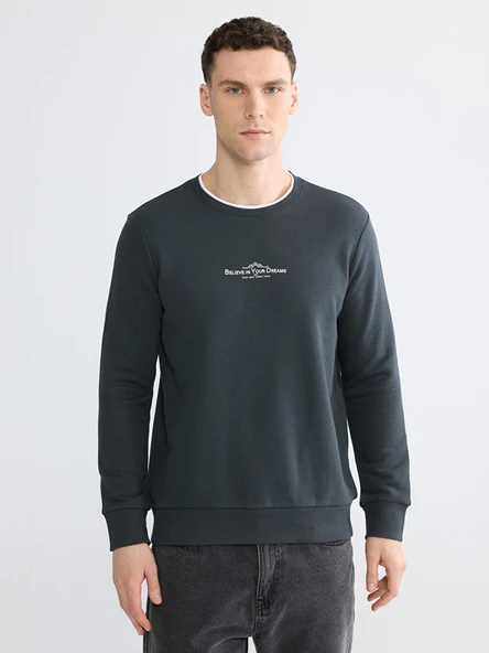 LCWAIKIKI Classic Antrasit Bisiklet Yaka Baskılı Erkek Sweatshirt ürün görseli 1