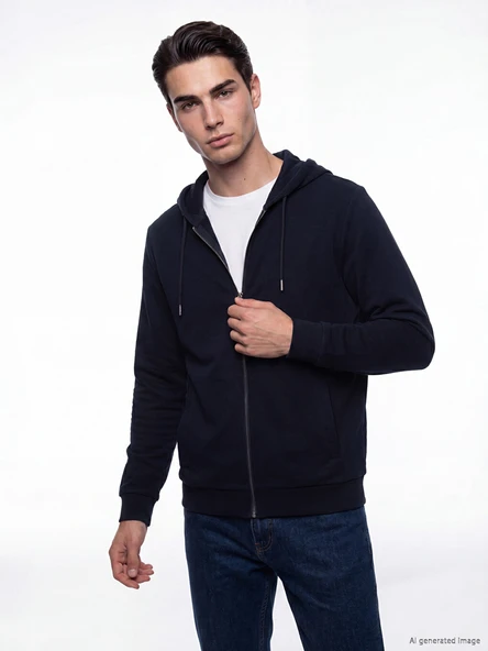 LCWAIKIKI Classic Lacivert Kapüşonlu Erkek Fermuarlı Sweatshirt ürün görseli 1
