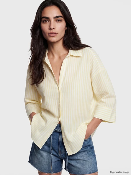 LCW Vision Sarı Çizgili Oversize Poplin Kadın Gömlek ürün görseli 1