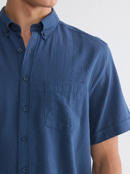 LCWAIKIKI Classic İndigo Regular Fit Armürlü Erkek Gömlek - Resim 3