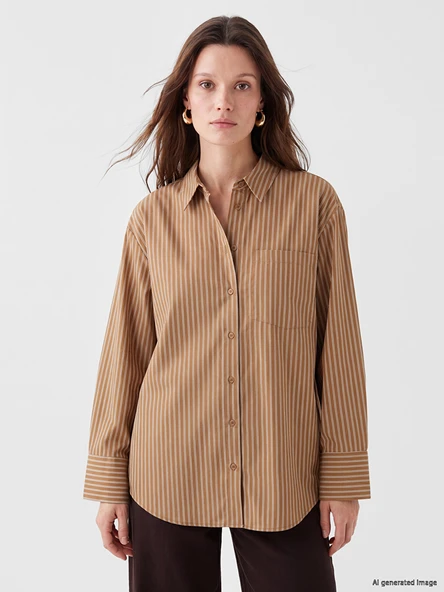 LCW Modest Sarı Çizgili Oversize Poplin Kadın Gömlek ürün görseli 1