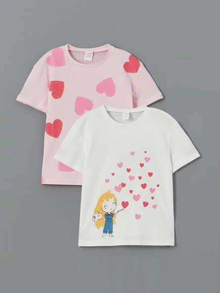 LCW Kids Beyaz Bisiklet Yaka Baskılı Kız Çocuk Tişört 2'li ürün görseli 1