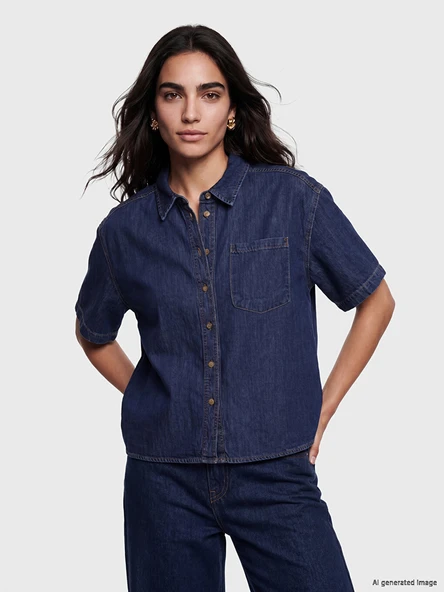LCW Vision İndigo Oversize Kadın Jean Gömlek ürün görseli 1