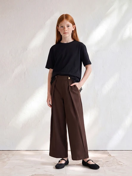 LCW Kids Kahverengi Loose Fit Kız Çocuk Poplin Pantolon ürün görseli 1