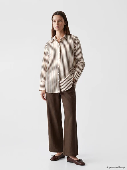 LCW Modest Kahverengi Beli Lastikli Kadın %100 Keten Pantolon ürün görseli 1