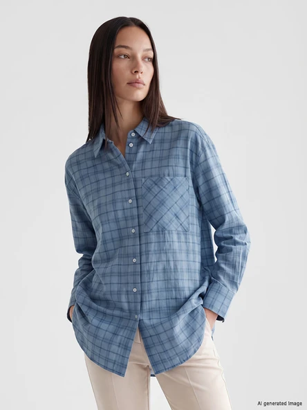 LCW Modest Mavi Ekose Oversize Kadın Gömlek ürün görseli 1