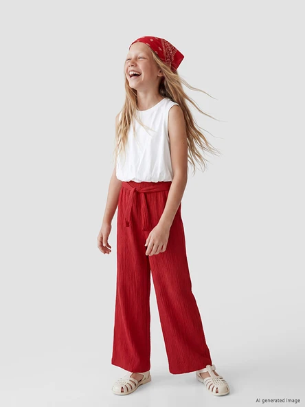 LCW Kids Kırmızı Dokulu Geniş Paça Kız Çocuk Pantolon ürün görseli 1