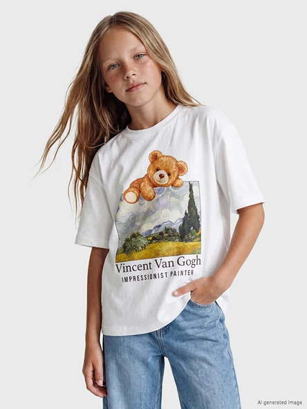 LCW Kids Beyaz Van Gogh Baskılı Kız Çocuk Tişört ürün görseli 1