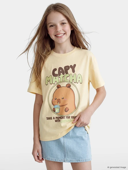 LCW Kids Sarı Bisiklet Yaka Capyfun Baskılı Kız Çocuk Tişört ürün görseli 1