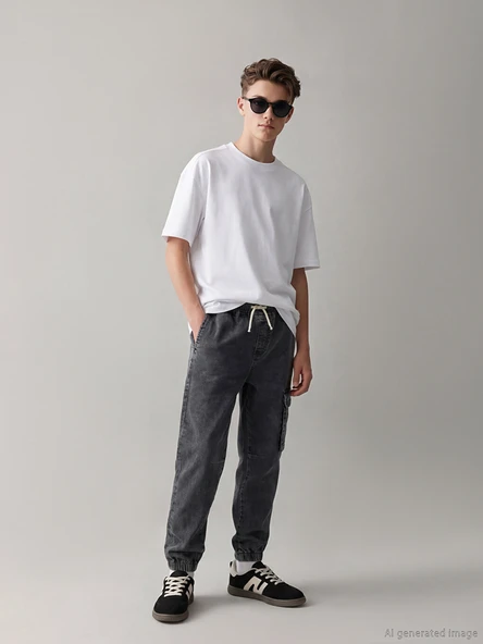 LCW Kids Gri Loose Fit Erkek Çocuk Kargo Jean Pantolon ürün görseli 1