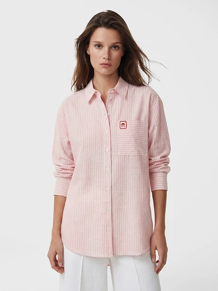 LCW Modest Pembe Çizgili Oversize Poplin Kadın Gömlek Tunik ürün görseli 1