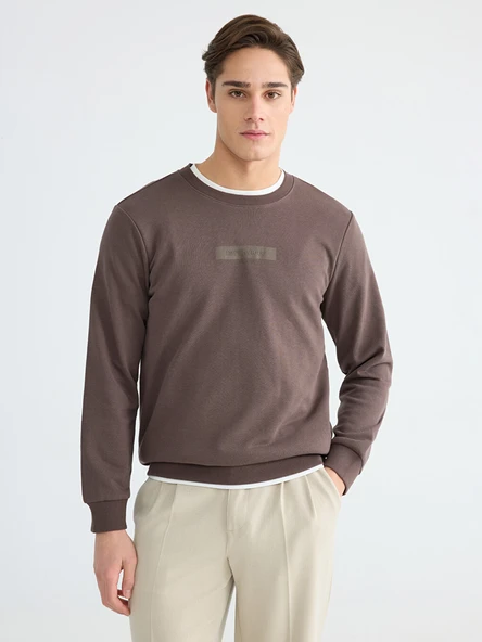 LCWAIKIKI Classic Kahverengi Bisiklet Yaka Baskılı Erkek Sweatshirt ürün görseli 1