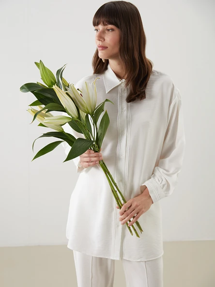 LCW Modest Ekru Oversize Kadın Gömlek Tunik ürün görseli 1