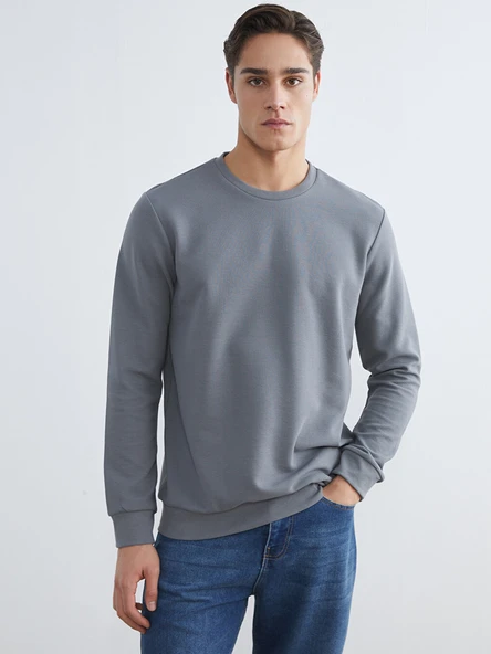 LCWAIKIKI Classic Gri Bisiklet Yaka Erkek Sweatshirt ürün görseli 1