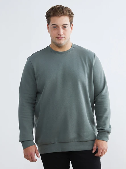LCWAIKIKI Classic Yeşil Büyük Beden Bisiklet Yaka Erkek Sweatshirt ürün görseli 1
