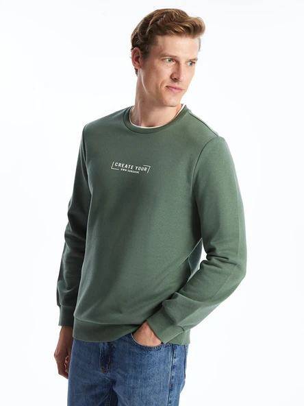 LCWAIKIKI Classic Yeşil Bisiklet Yaka Baskılı Erkek Kalın Sweatshirt ürün görseli 1