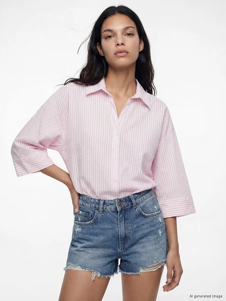 LCW Vision Pembe Çizgili Oversize Poplin Kadın Gömlek ürün görseli 1