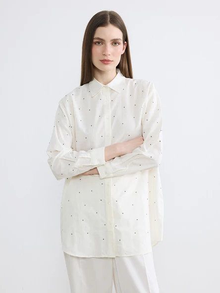 LCW Modest Ekru Taşlı Oversize Kadın Gömlek Tunik ürün görseli 1