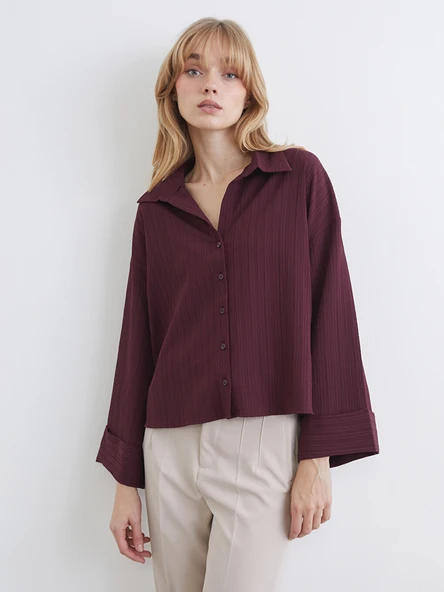 LCW Vision Bordo Çizgili Oversize Kadın Gömlek ürün görseli 1